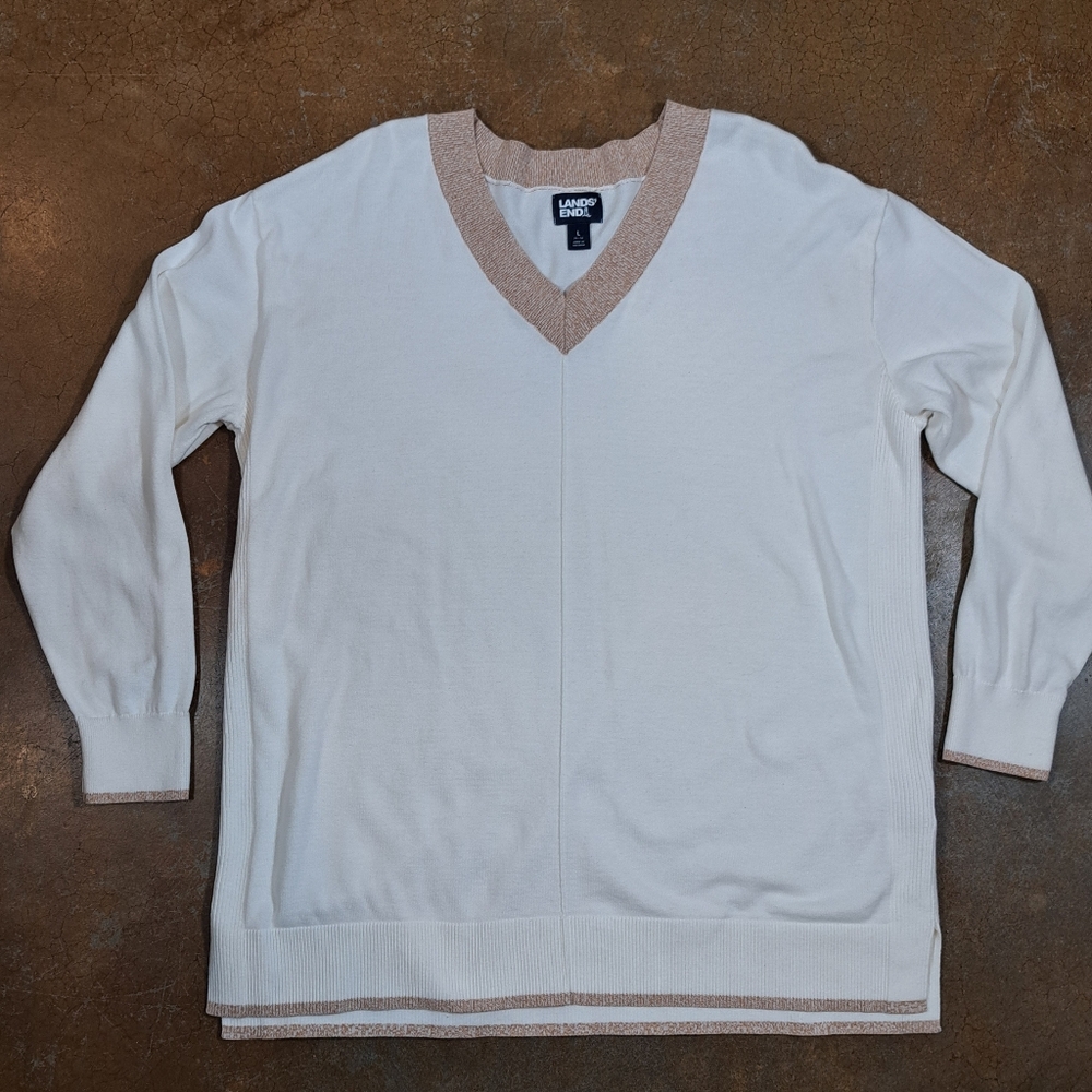 Lands End Sweater Sz L Knit Pullover Golf Tennis 100% Cotton Old Money Career